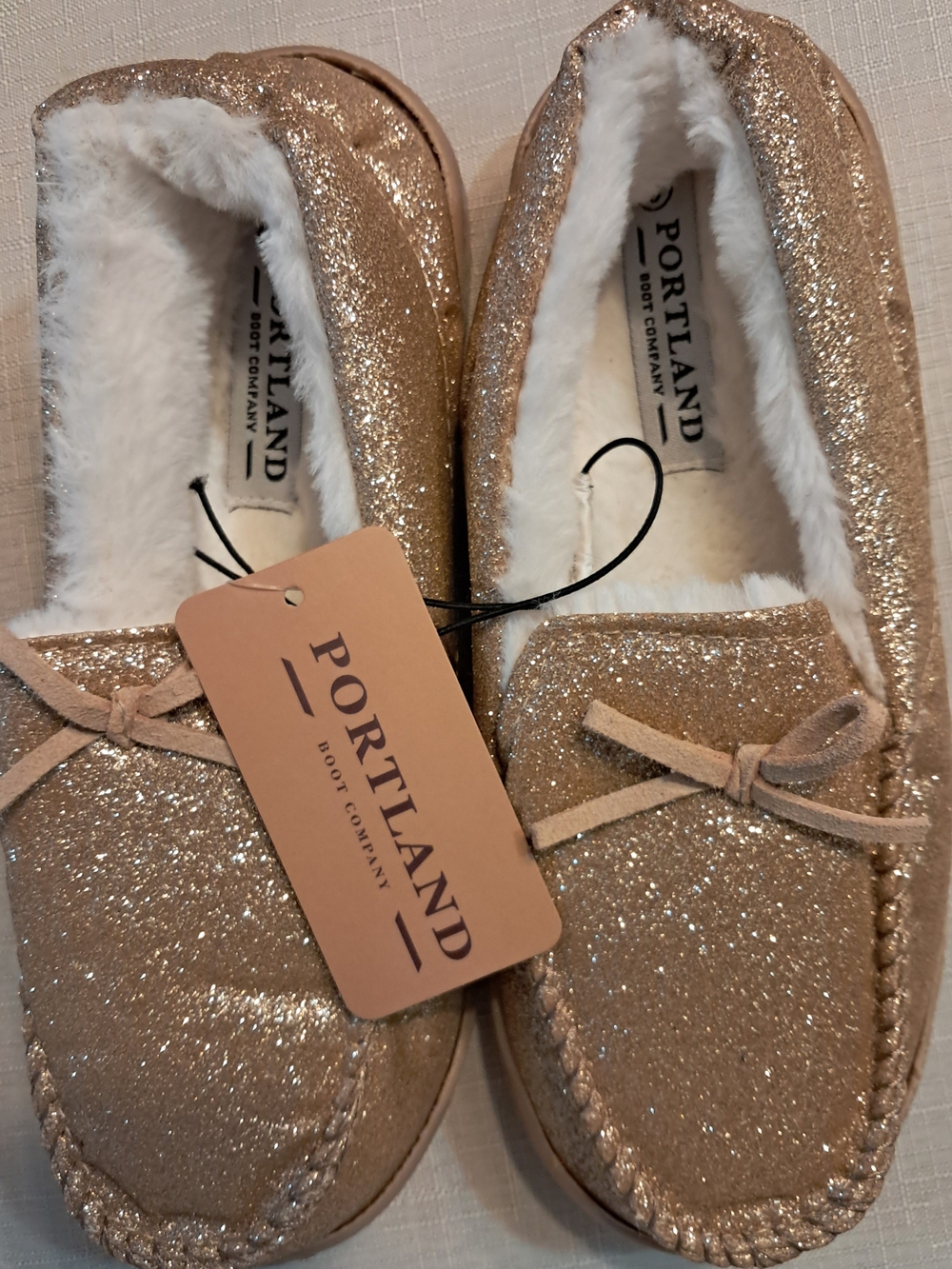 Portland Kids' Glitter Moccasin Slippers - Champagne Sparkle